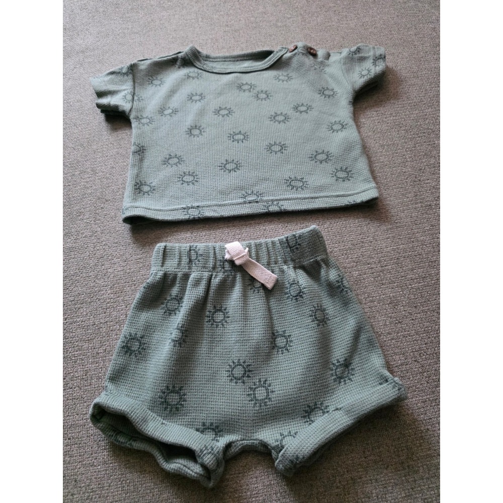 Carters Just One You Sage Green Waffle Knit Sun Print Set 3M 2pc Top Shorts
